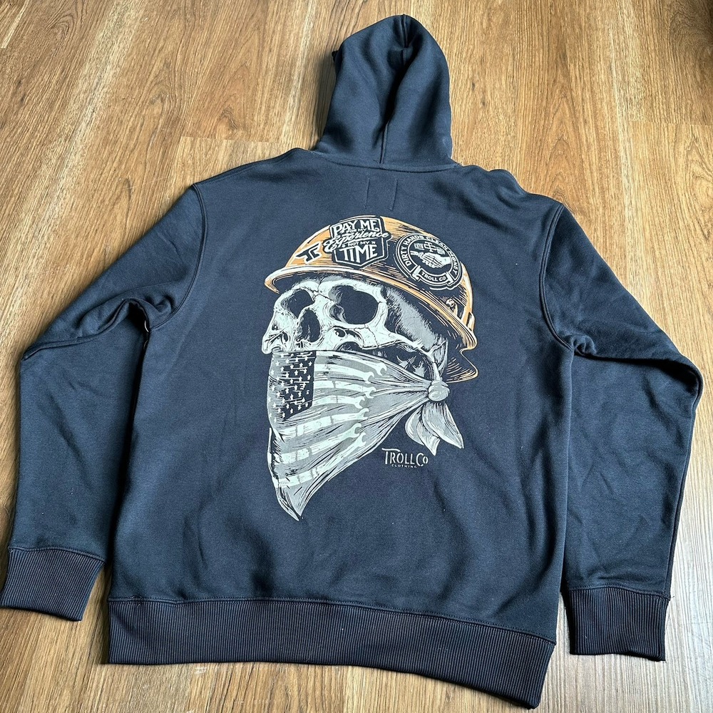 NWT Dirty Hands Clean Money Hoodie Medium Troll Co Black Skull Workwear Graphic